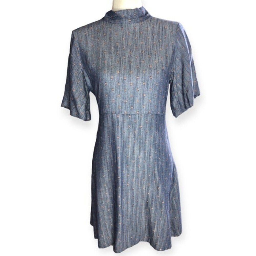 Magari Italy Denim Blue Rose Gold Polka Dots Knee Length Fit & Flare Dress
